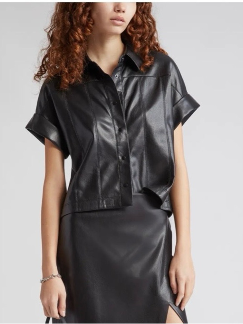 Alice + Olivia Womens Edyth Faux Leather Snap Button Up Top Sz Medium Black